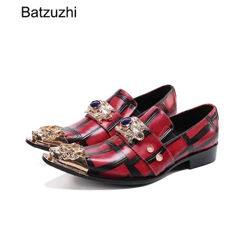 Batzuzhi בסגנון איטלקי נעלי גברים אדום עור אמיתי נעלי אלגנט גברים הצביע ברזל אצבע להחליק על מסיבת & חתונה נעליים לגברים