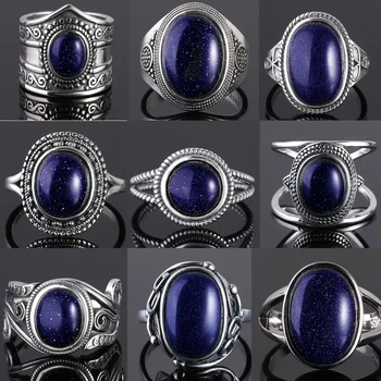 S925 סטרלינג SilverRing לנשים אליפסה עגול Dropwater טבעי כחול חול טבעת מתנה שמש בצורת רטרו יוקרה תכשיטים יפים