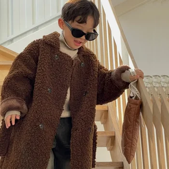 ילדים ג ' קט 2023 סתיו החורף חדש דרום קוריאה אופנה בגדי ילדים כל-התאמה בנים אופנתי בצבע חום כהה ארוך מעיל פרווה